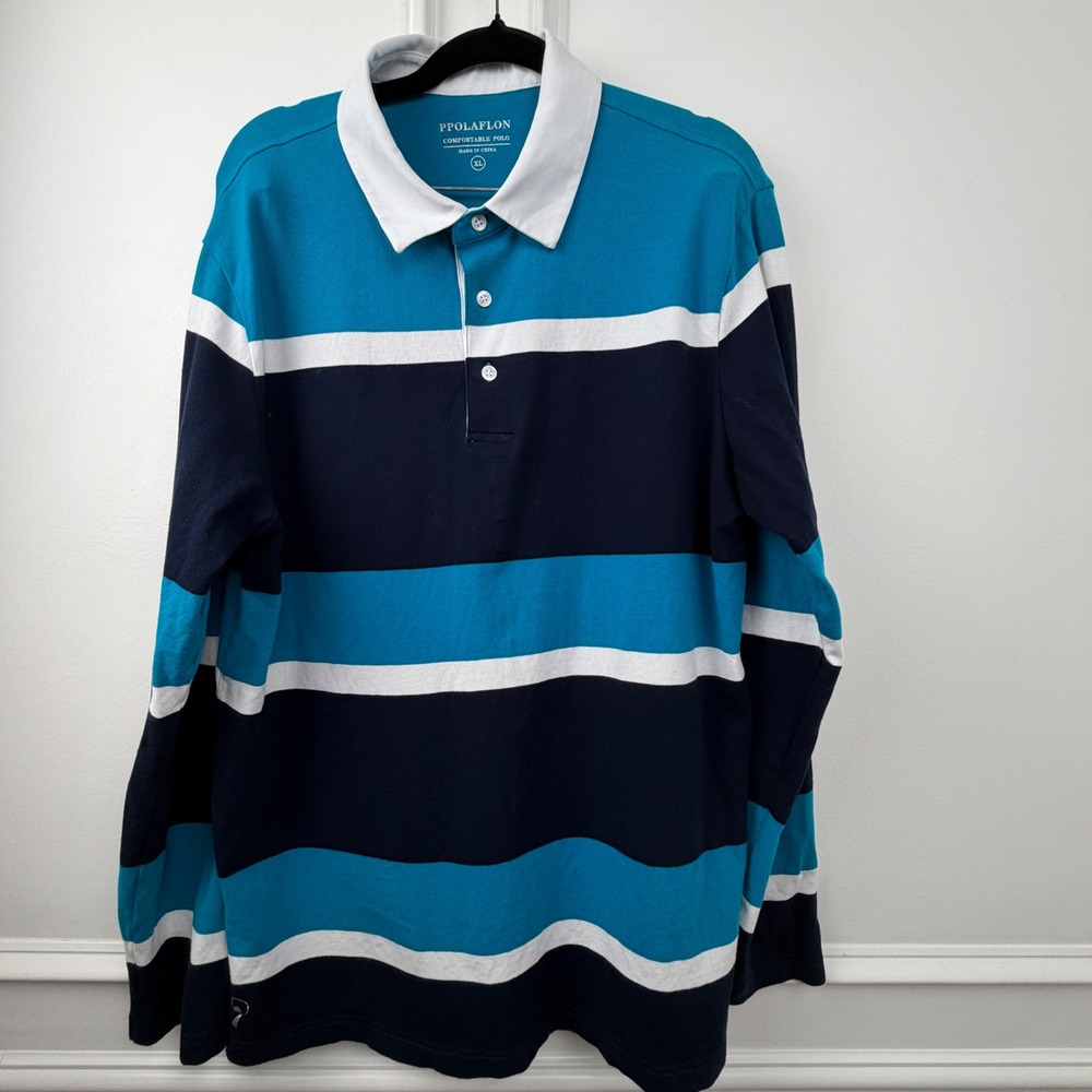PPOLAFLON Mens Long Sleeve Polo‎ Shirt XL Blue Navy White Striped Rugby Top